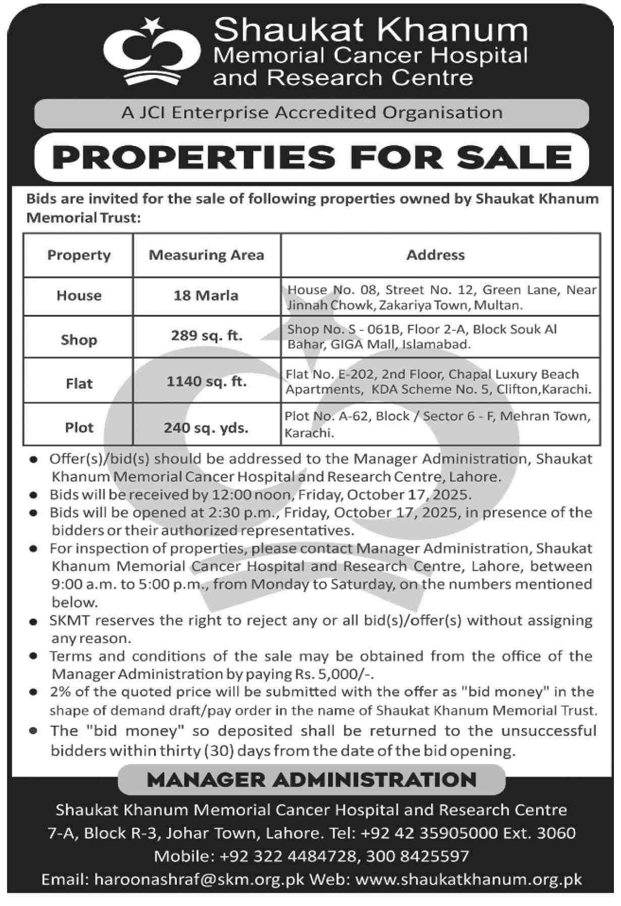 Shaukat Khanum Institute of Health Sciences Lahore Tender Notice